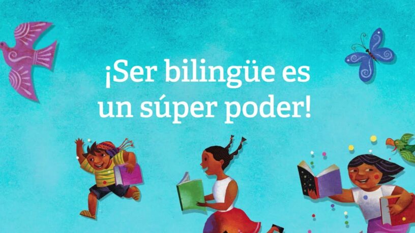 children reading books and a caption that says "Being bilingual is a superpower" in Spanish