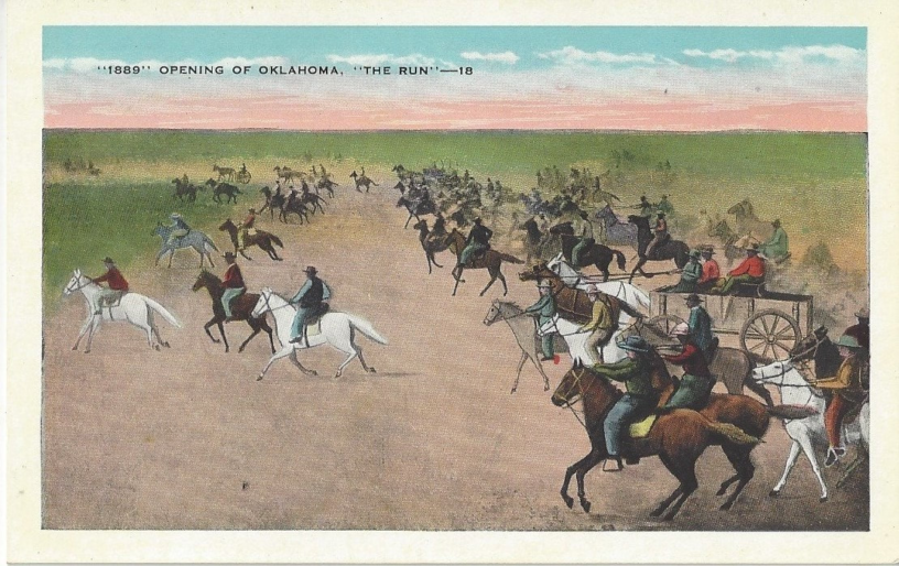 People on horseback riding across the border of Oklahoma for a land run