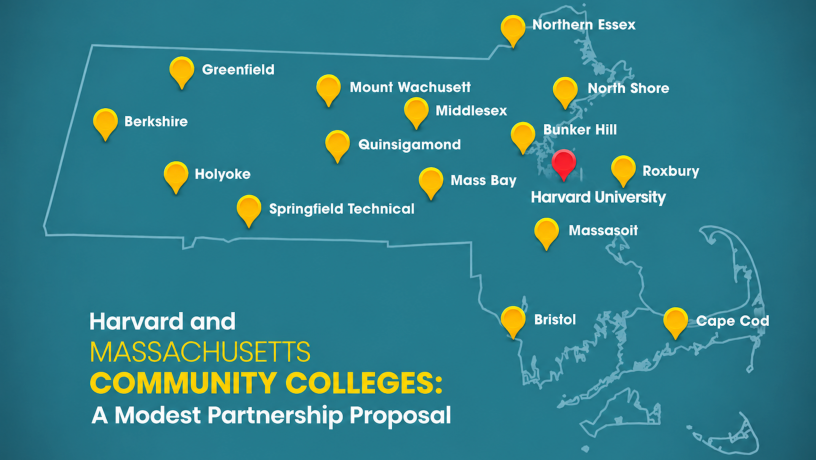 A map of Massachusetts showing the location of the state's fifteen community colleges and Harvard University