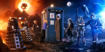 Dr. Who and his traveling companion standing outside the TARDIS with a bunch of space villains