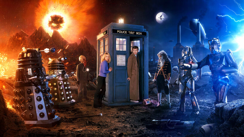 Dr. Who and his traveling companion standing outside the TARDIS with a bunch of space villains